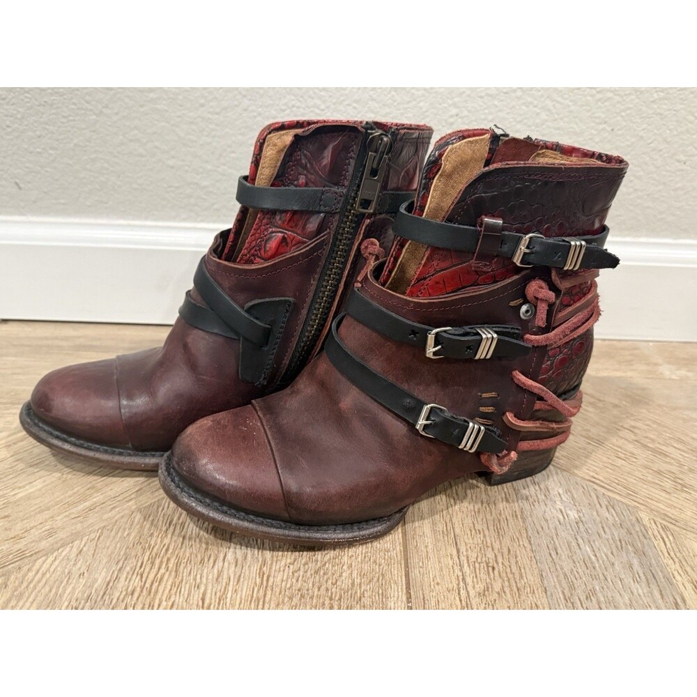 Freebird By Steven FB-CRUE Brown/Red Leather Ankle Boots Buckle Zipper Sz 7